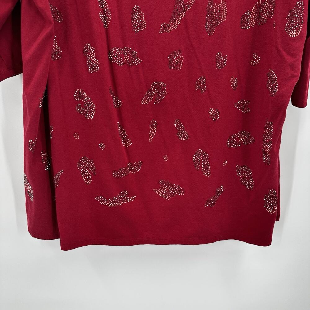 Susan Graver Shirt Top Womens 3X 3XL Red Embellished Vneck Basic Weekend Long - Picture 2 of 10